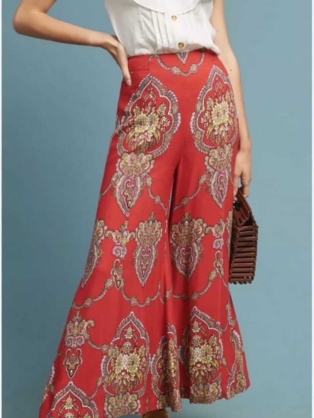 Anthropologie ett:twa Manon Flared Pants Red/Gold Paisley Medallion Size 14 NWT - Picture 2 of 12